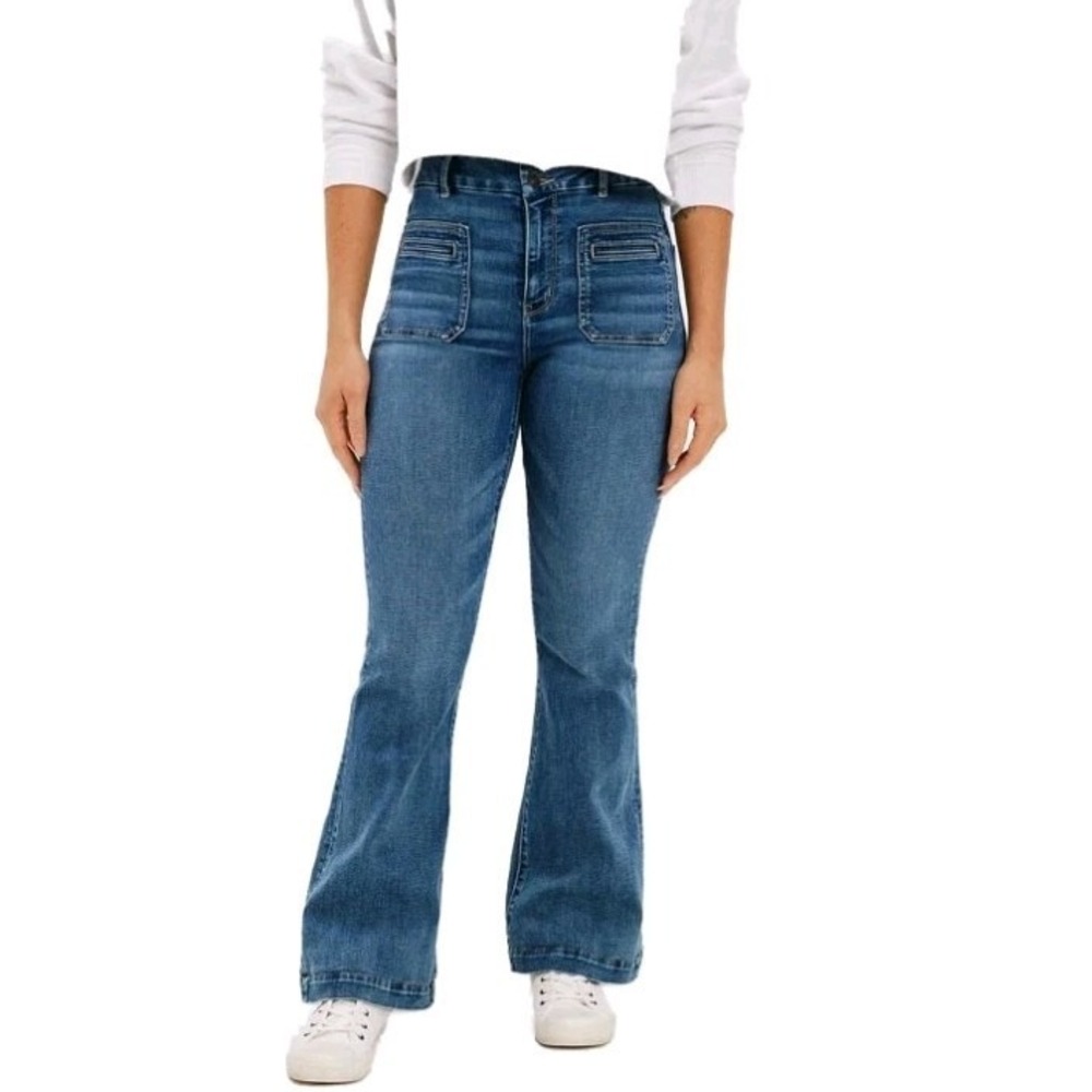 American Eagle Super High Rise Flare Jeans Womens 8 Long Next Level Stretch Blue